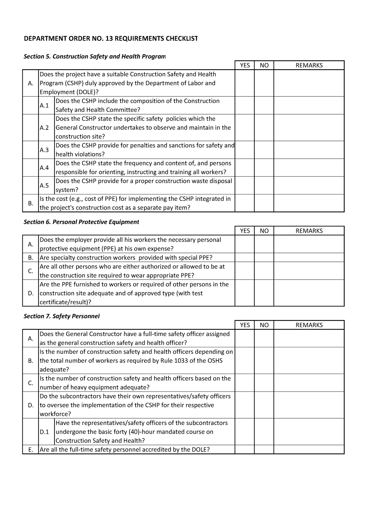 DO 13 Requirements Checklist - DEPARTMENT ORDER NO. 13 REQUIREMENTS ...