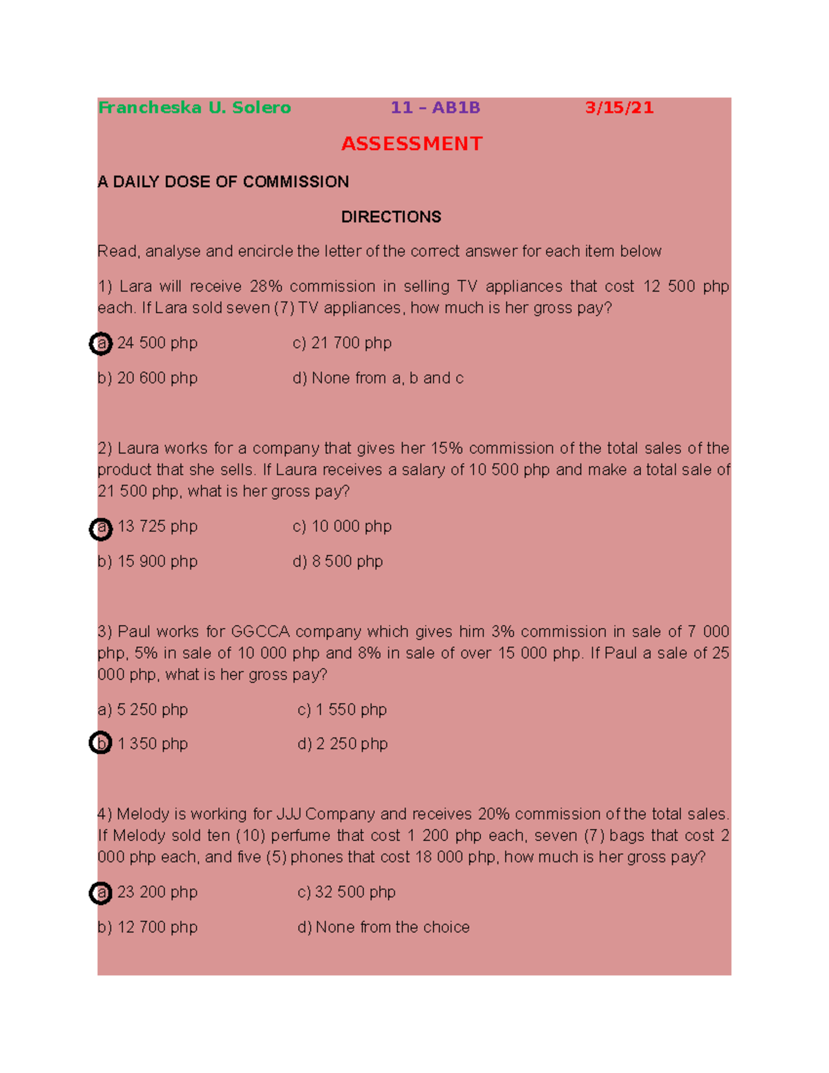 Business MATH Activity Sheet Types OF Commission - Introduction To ...