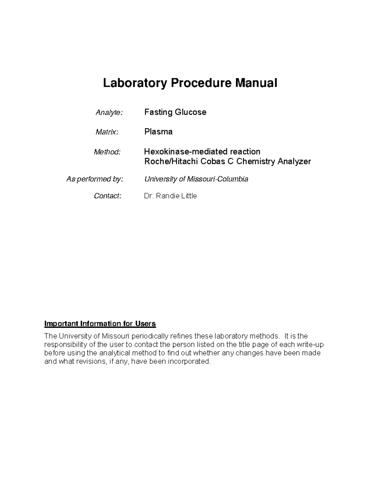 GLU H MET Fasting Glucose Laboratory Procedure Manual Analyte