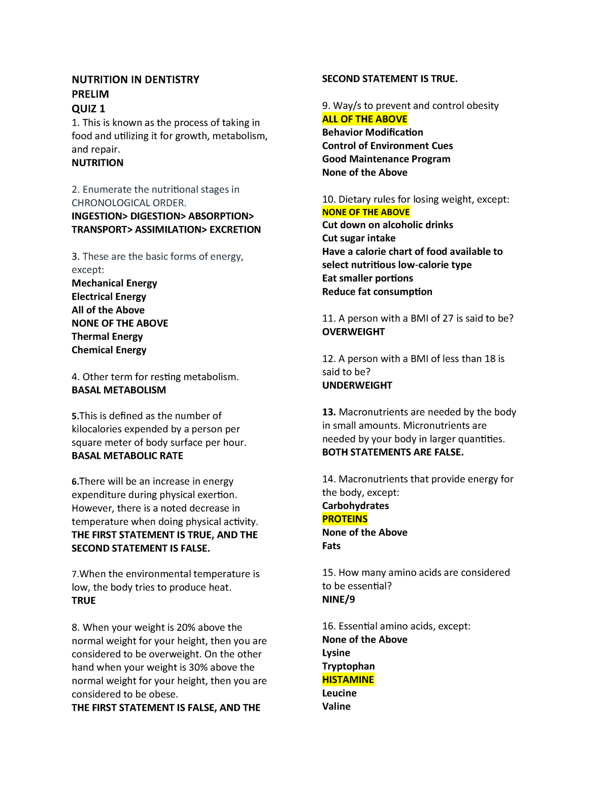 Nutrition In Dentistry Prelims - NUTRITION IN DENTISTRY PRELIM QUIZ 1 ...