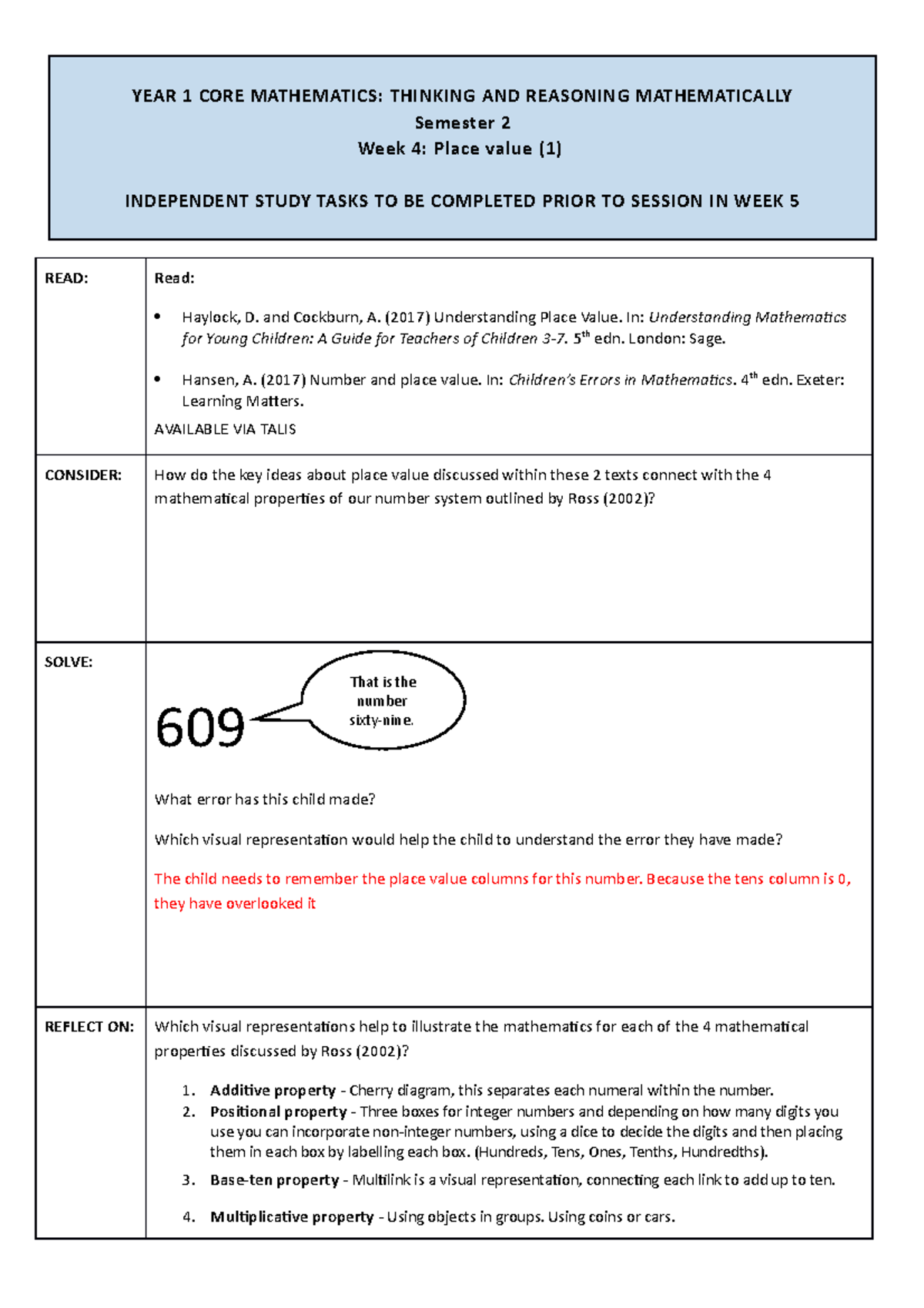 Tasks prior to week 5 - YEAR 1 CORE MATHEMATICS: THINKING AND REASONING ...