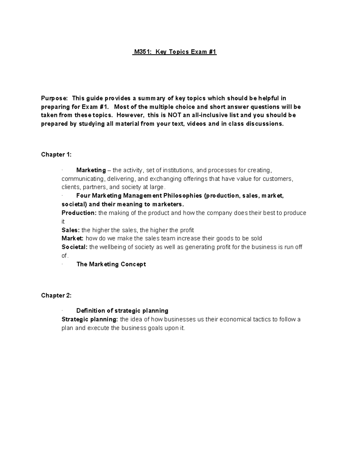 MKTG 351 Exam 1 Study Guide - M351: Key Topics Exam # Purpose: This ...
