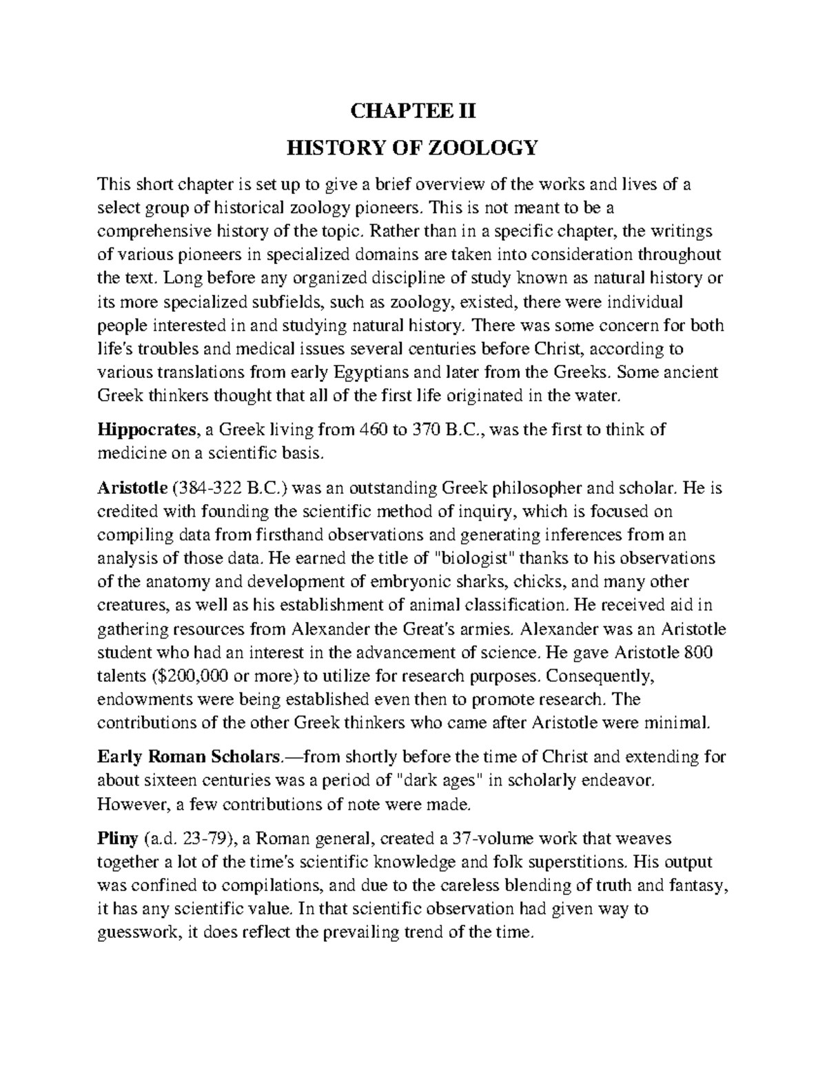 Zoology Chapter 2 [ History OF Zoology] part 1 CHAPTEE II HISTORY OF ZOOLOGY This short
