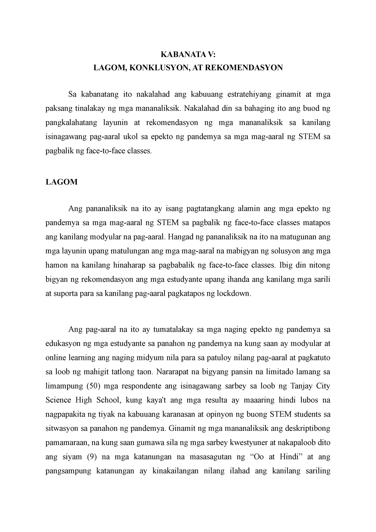 Kabanata V Part Of Papel Pananaliksik Kabanata V Lagom Konklusyon At Rekomendasyon Sa 1349