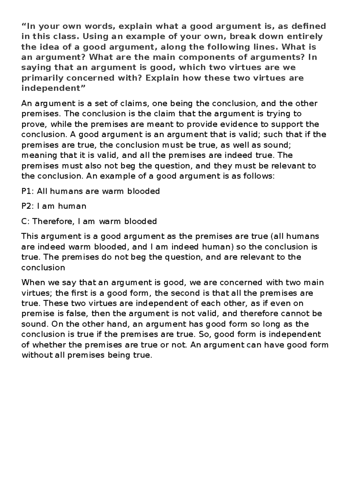 Assessment task 2 - your own words, explain what a good argument is, as ...