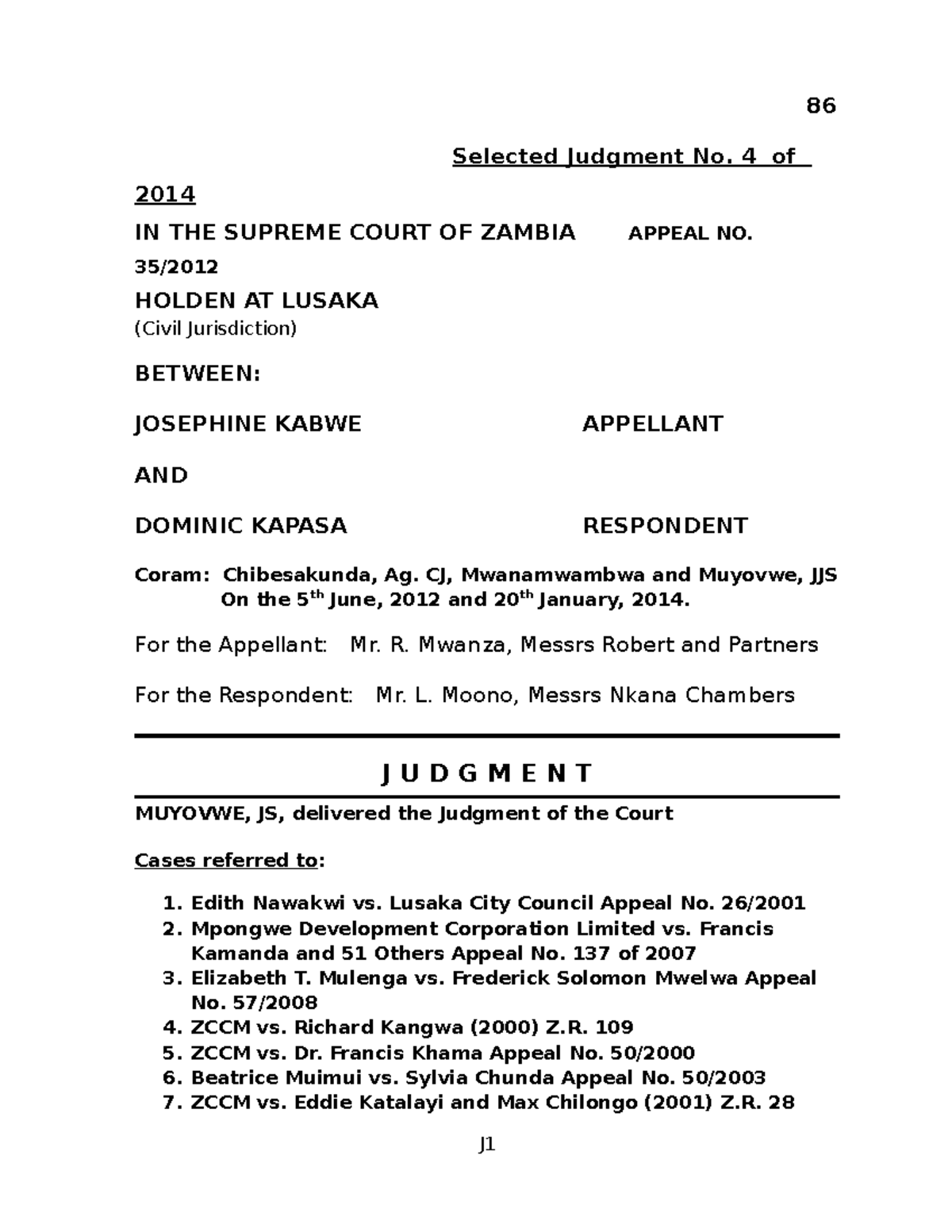 2014zmsc6 2 Land law 86 Selected Judgment No. 4 of 2014 IN THE