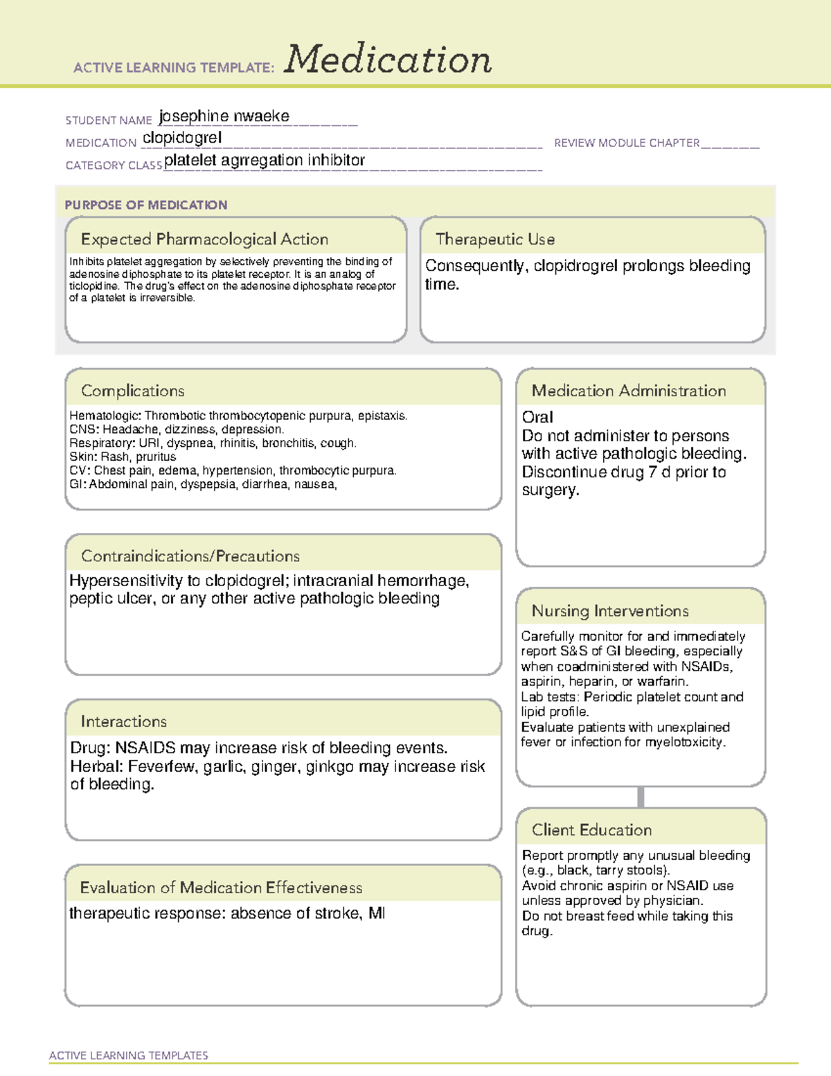 Clopidogrel ATI TEMPLATES ACTIVE LEARNING TEMPLATES Medication 