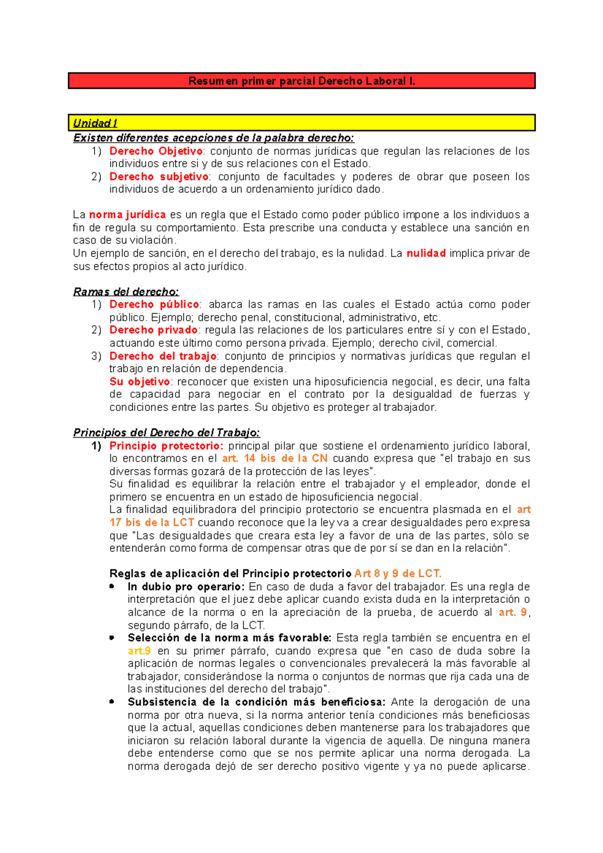 Resumen Unidad I - Resumen primer parcial Derecho Laboral I. Unidad I ...