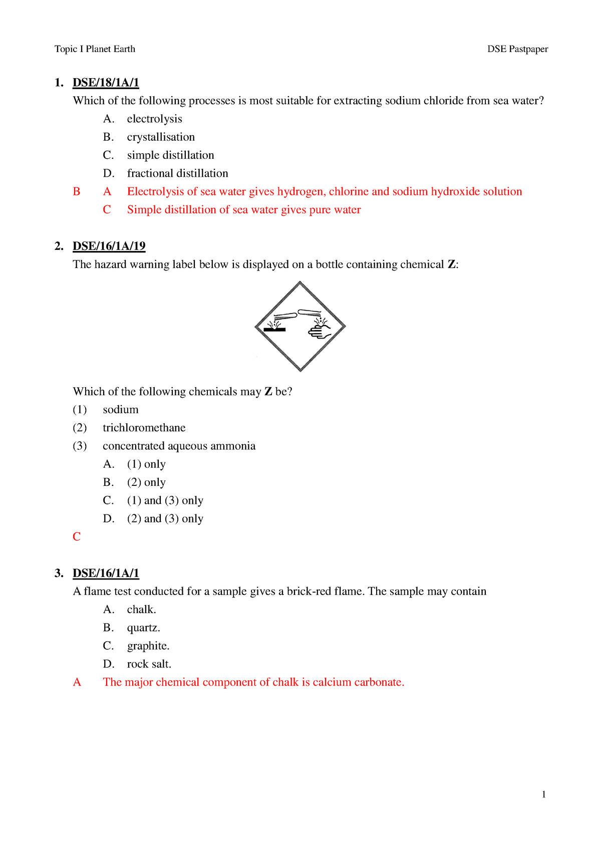 Topic I Planet Earth DSE Pastpaper - DSE/18/1A/ Which of the following ...