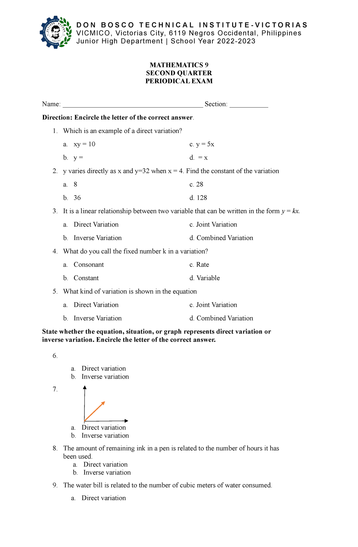 Exam 9 - Exam - D O N B O S C O T E C H N I C A L I N S T I T U T E - V ...