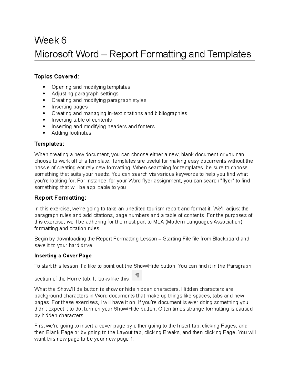 Week 6 - Word Report Formatting - Week 6 Microsoft Word – Report ...