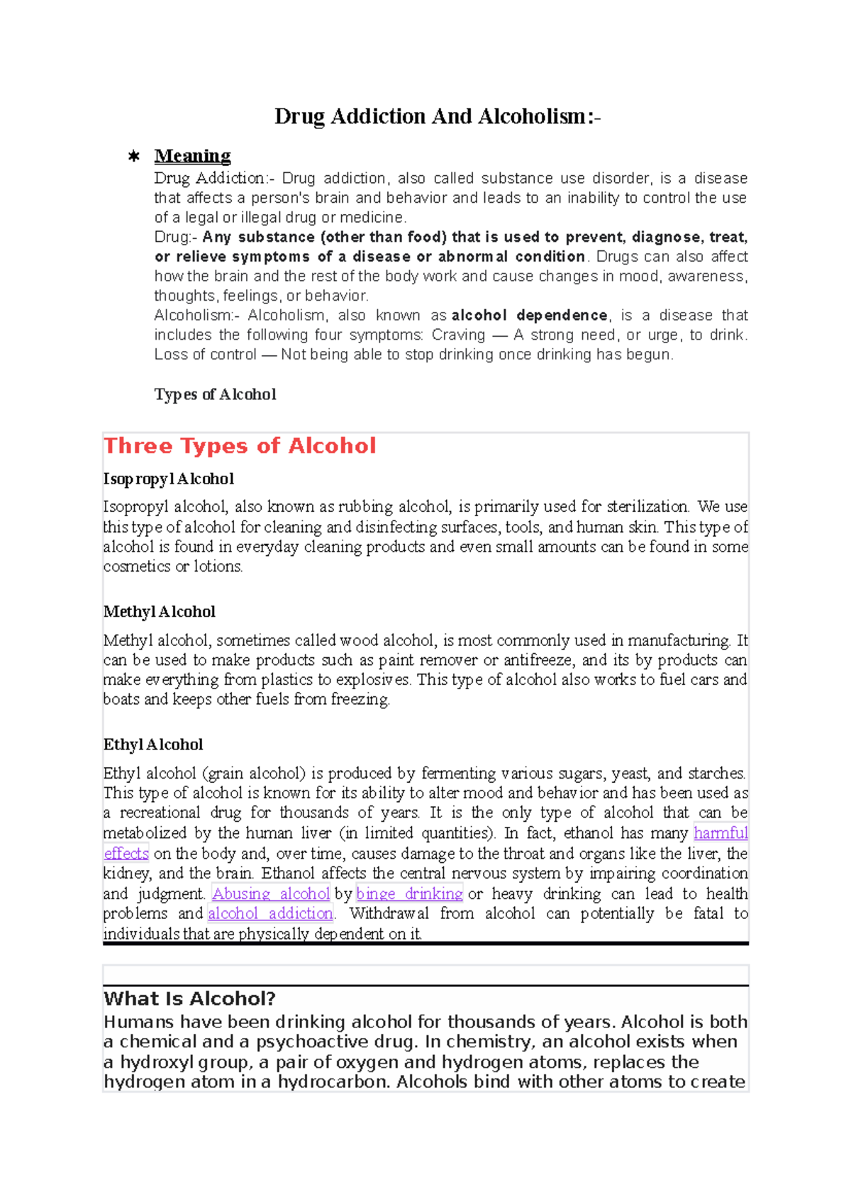 Drug Addiction And Alcoholism - Drug:- Any substance (other than food ...