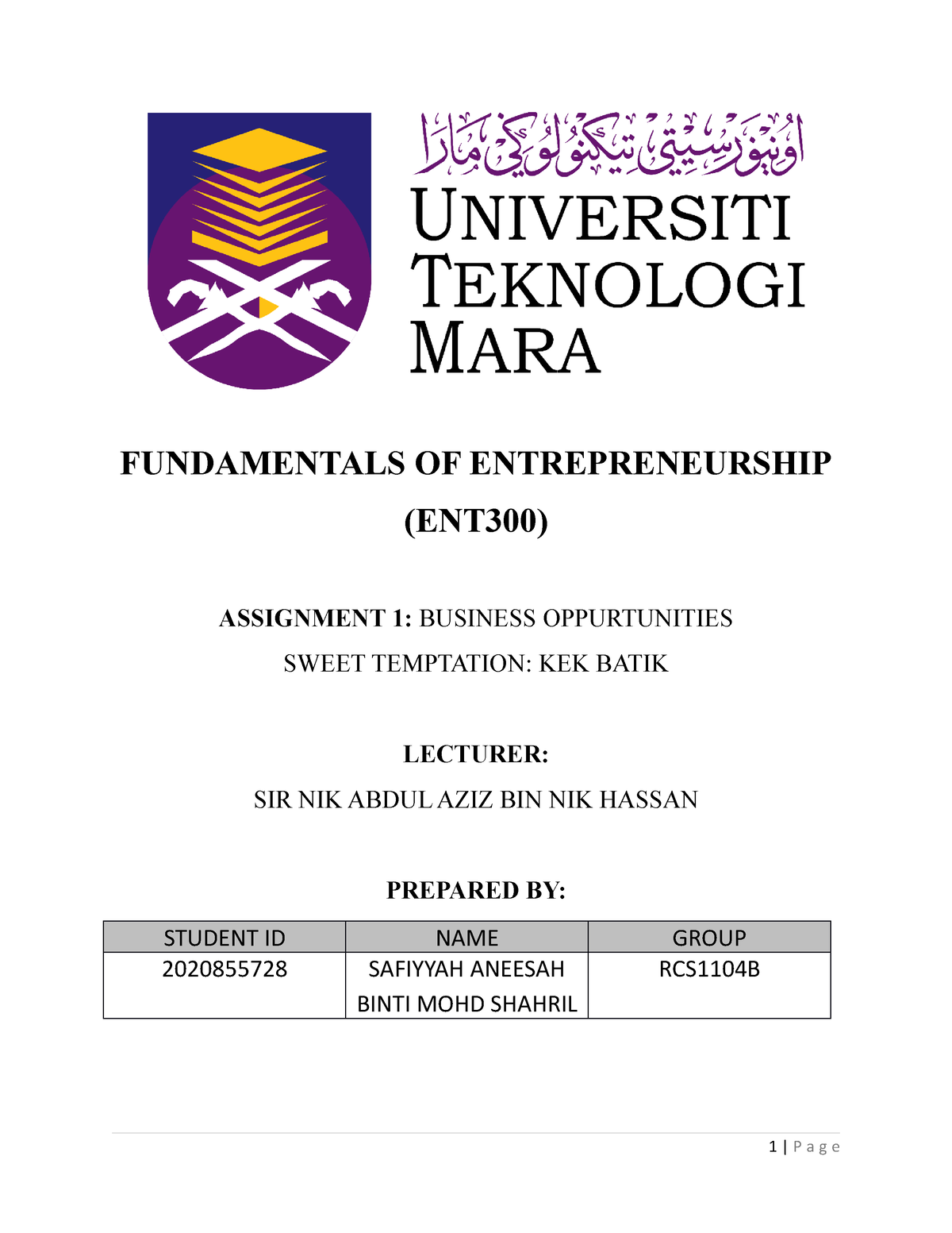 fundamentals of entrepreneurship assignment