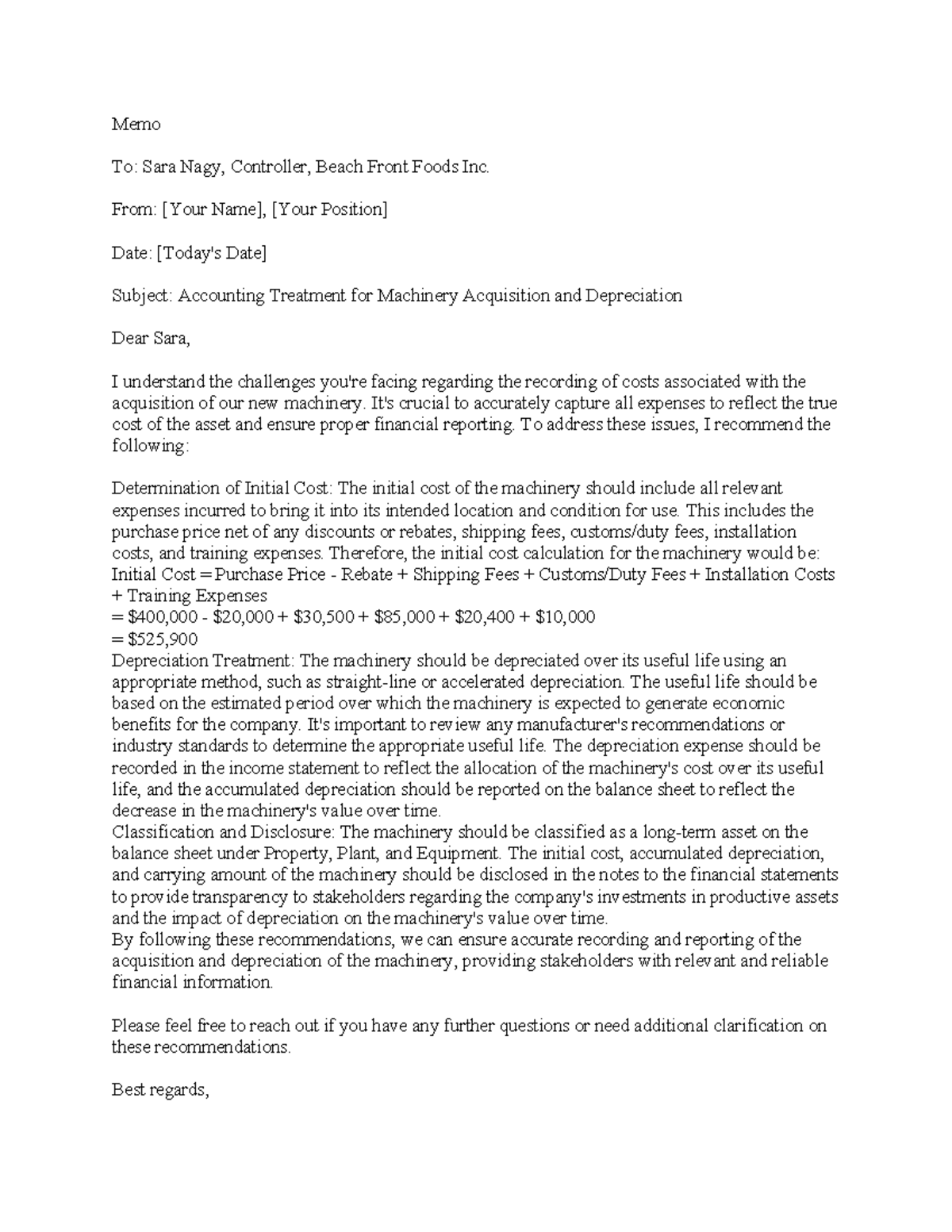 Memo - Memo - Memo To: Sara Nagy, Controller, Beach Front Foods Inc ...
