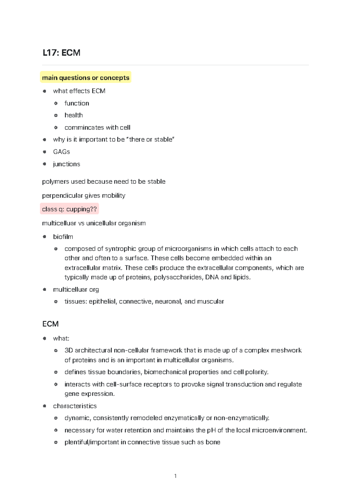 L17 ECM in cells L17 ECM main questions or concepts what effects