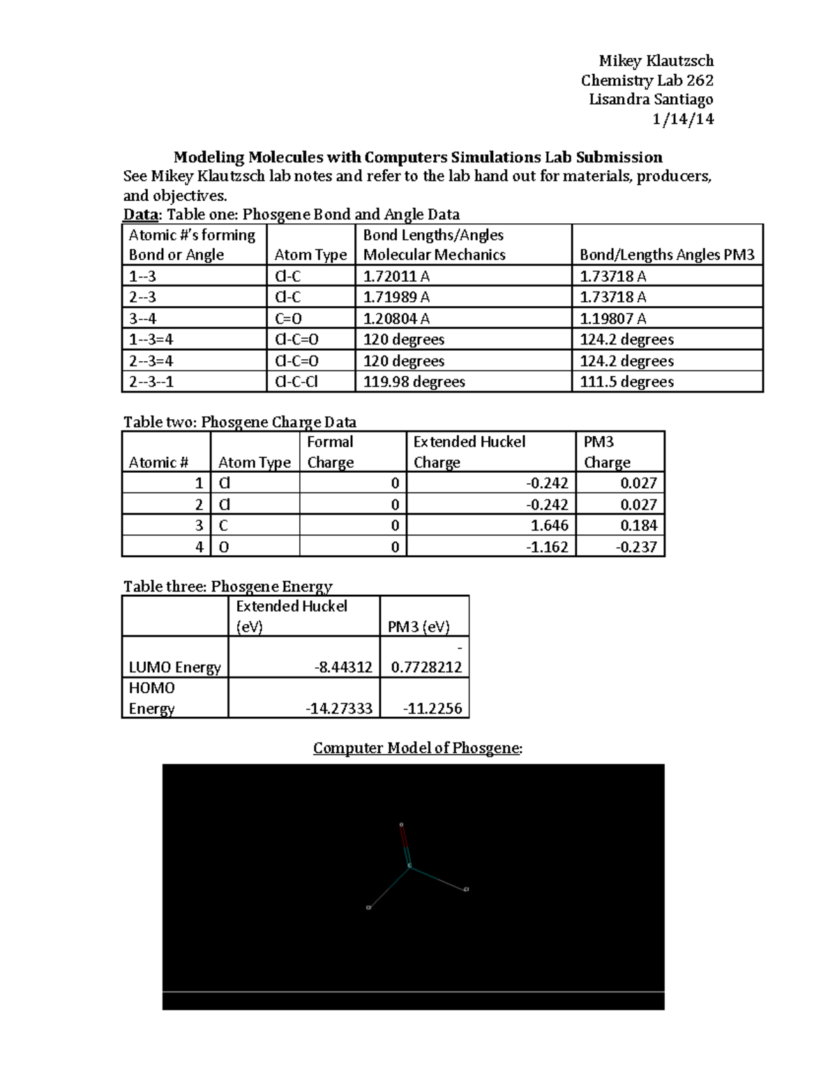 Modeling Molecules with Computers Simulations Mikey Klautzsch