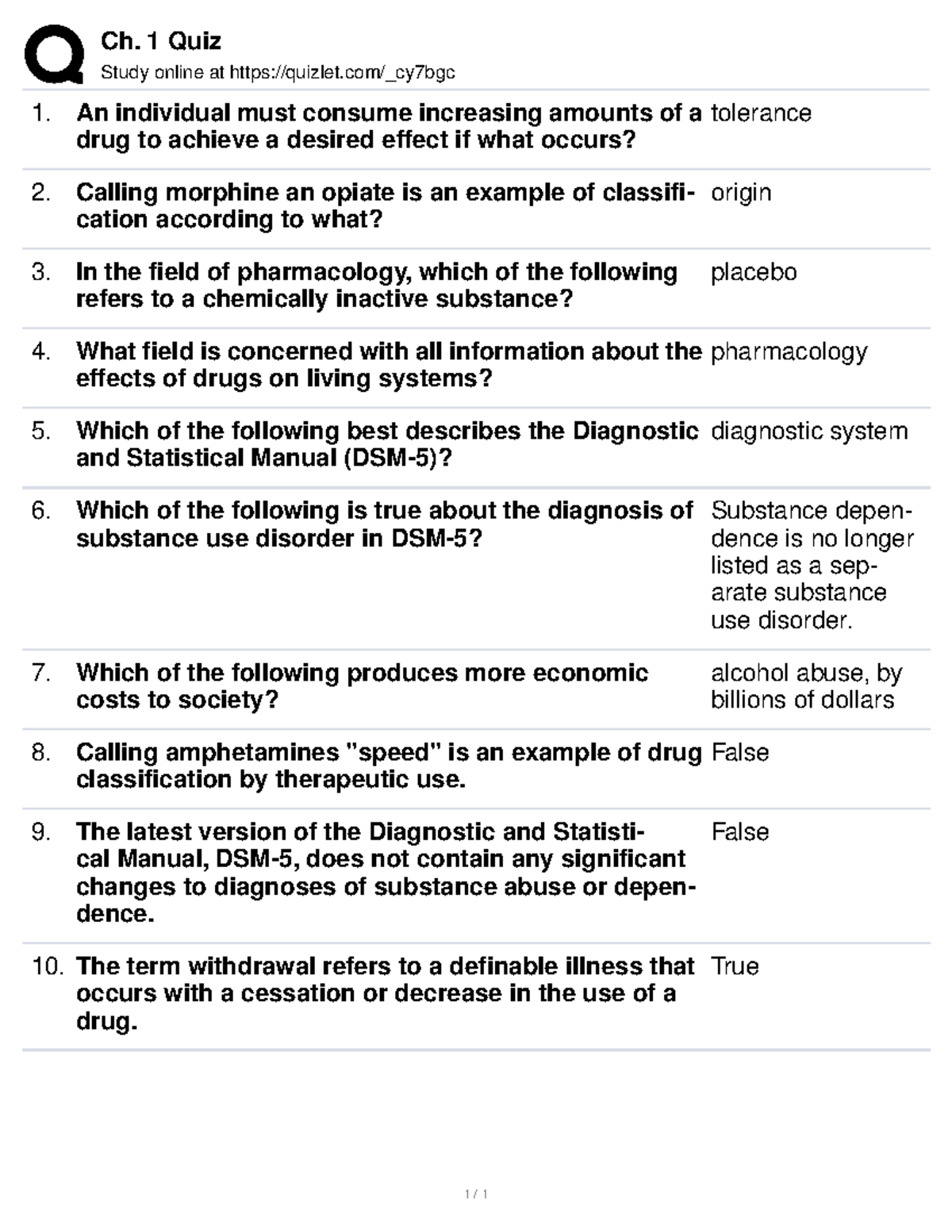 Ch. 1 Quiz - Drugs And Behavior In Psychology (PSYC 4060) - Ch. 1 Quiz ...