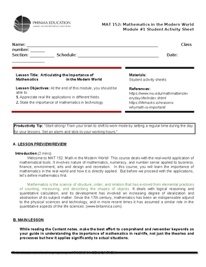 SAS 01-MAT 152 Importance - Module #1 Student Activity Sheet Name ...