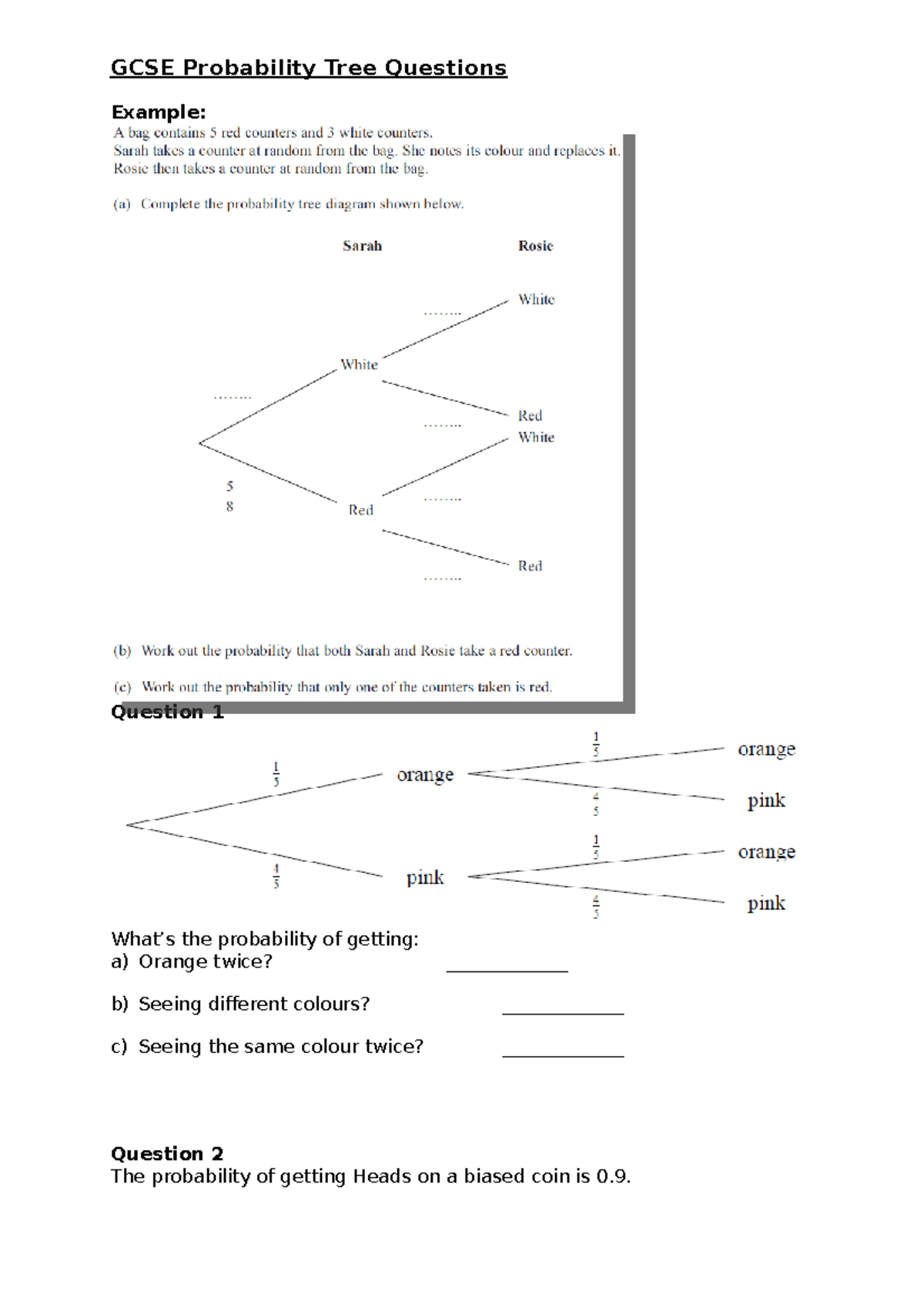 GCSE-Probability Trees Worksheet - GCSE Probability Tree Questions ...