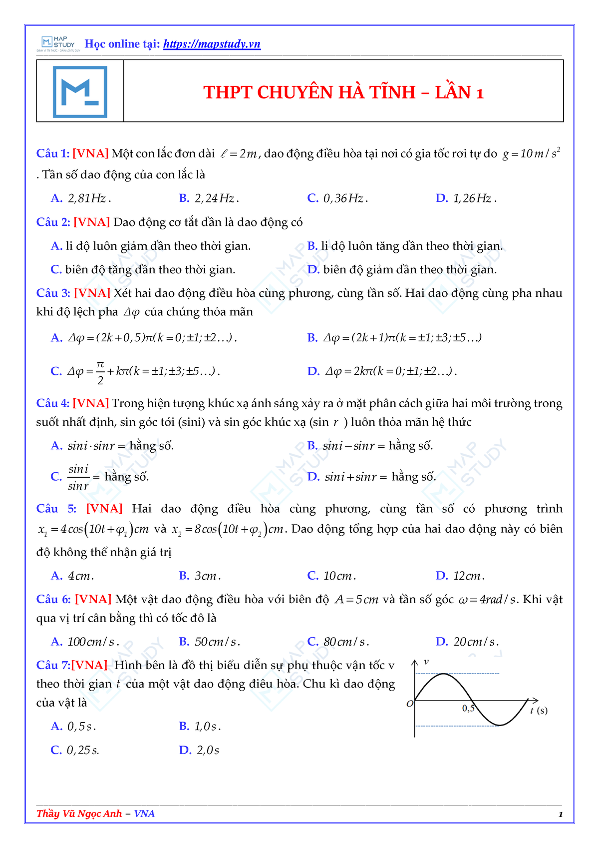 1. Chuyen-ha-tinh-L1 - đề Thi Thửu - THPT CHUY N HÀ TĨNH – LẦN 1 C‚u 1 ...