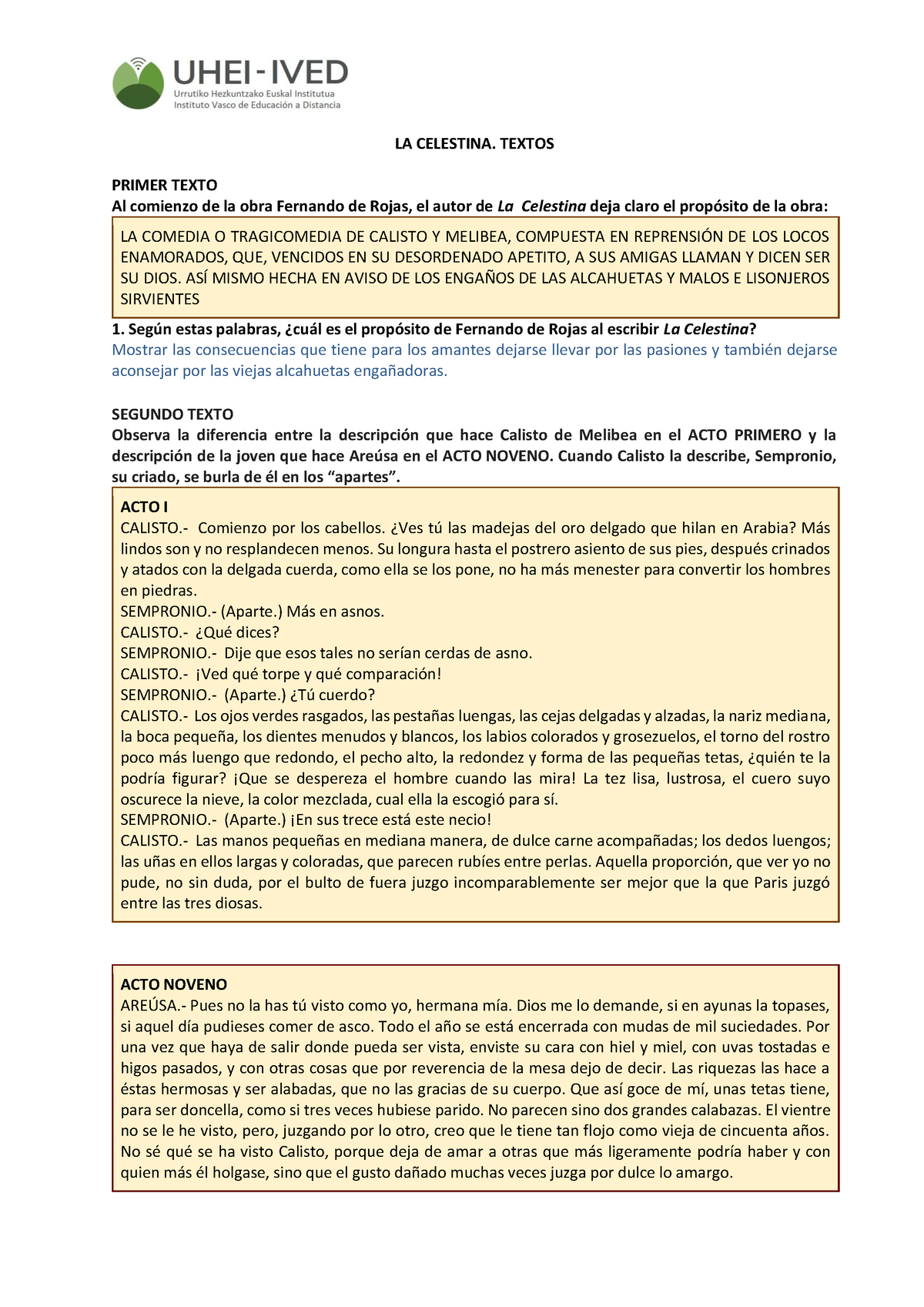 B.1. La Celestina. Textos Y Respuestas - LA CELESTINA. TEXTOS PRIMER ...