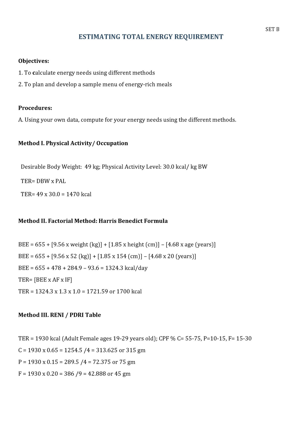 Nutrition Activity Estimating Total Energy Requirement SET B