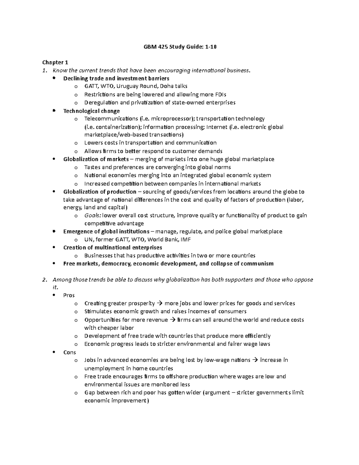 Midterm Study Guide - GBM 425 Study Guide: Chapter 1 1. Know the ...
