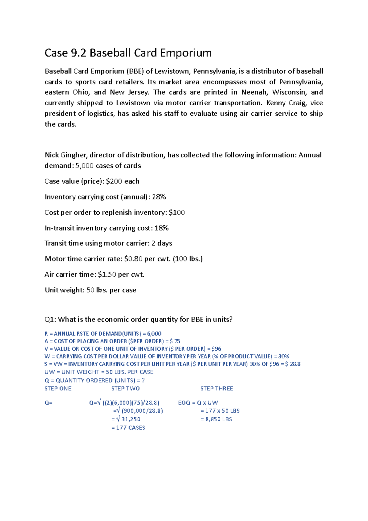 Assignment 2 Case 9.2 Baseball Card Emporium due Aug 27 2020 CA