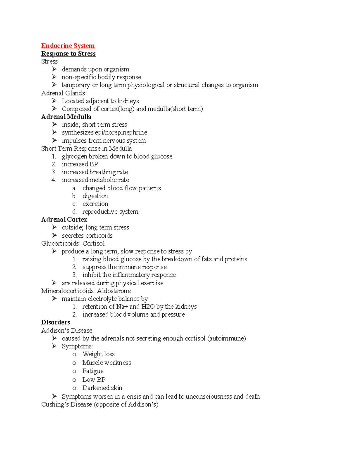 Stress response notes - Endocrine System Response to Stress Stress ...