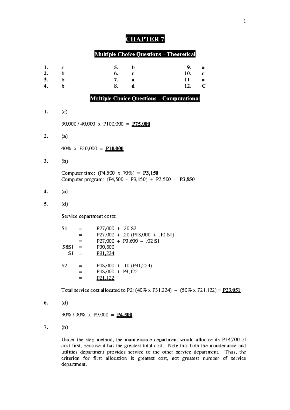 Chapter 7 - Study About Cost - CHAPTER 7 Multiple Choice Questions ...