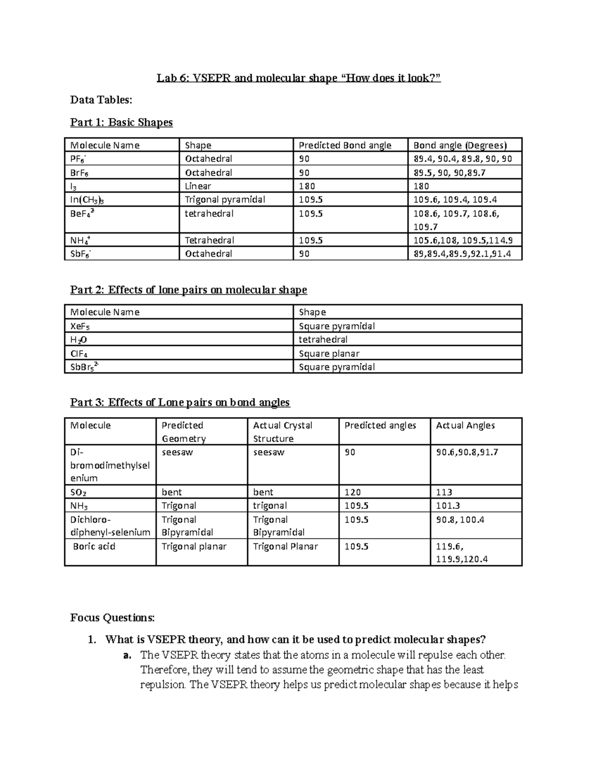 Chem 106 Lab 6 Data + Focus Question and Post Lab Questions CHEM 106
