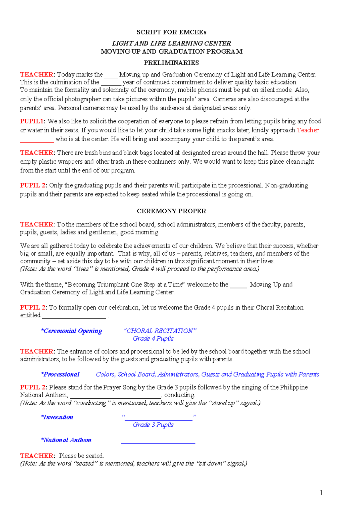 Script for Emcee 2014 LLLC - SCRIPT FOR EMCEEs LIGHT AND LIFE LEARNING ...