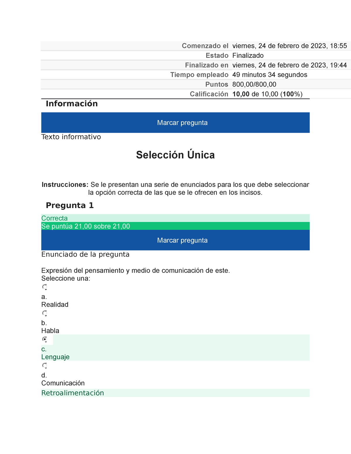 Examen 1 Español General - Comenzado El Viernes, 24 De Febrero De 2023 ...