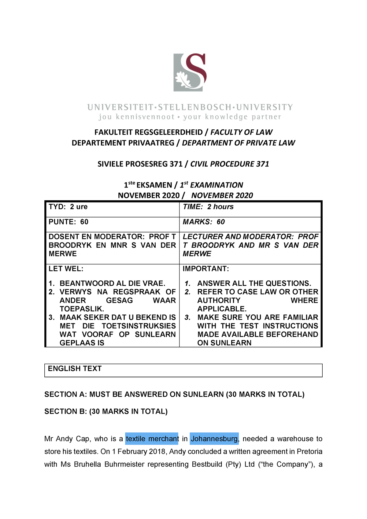 Civil Procedure Exam 2020 Paper 1 - FAKULTEIT REGSGELEERDHEID / FACULTY ...