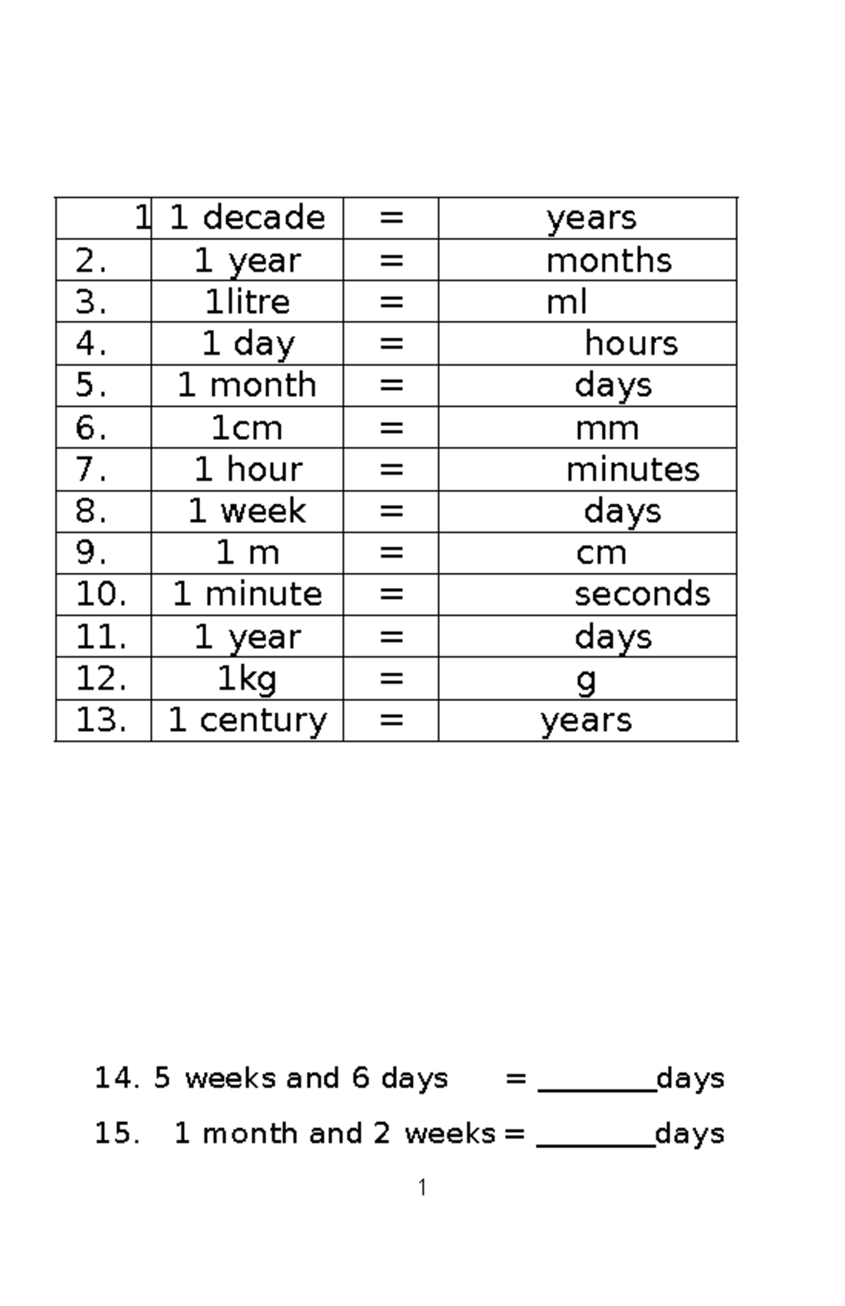 Measurement Practice - 1 1 1 decade = years 2. 1 year = months 3 ...
