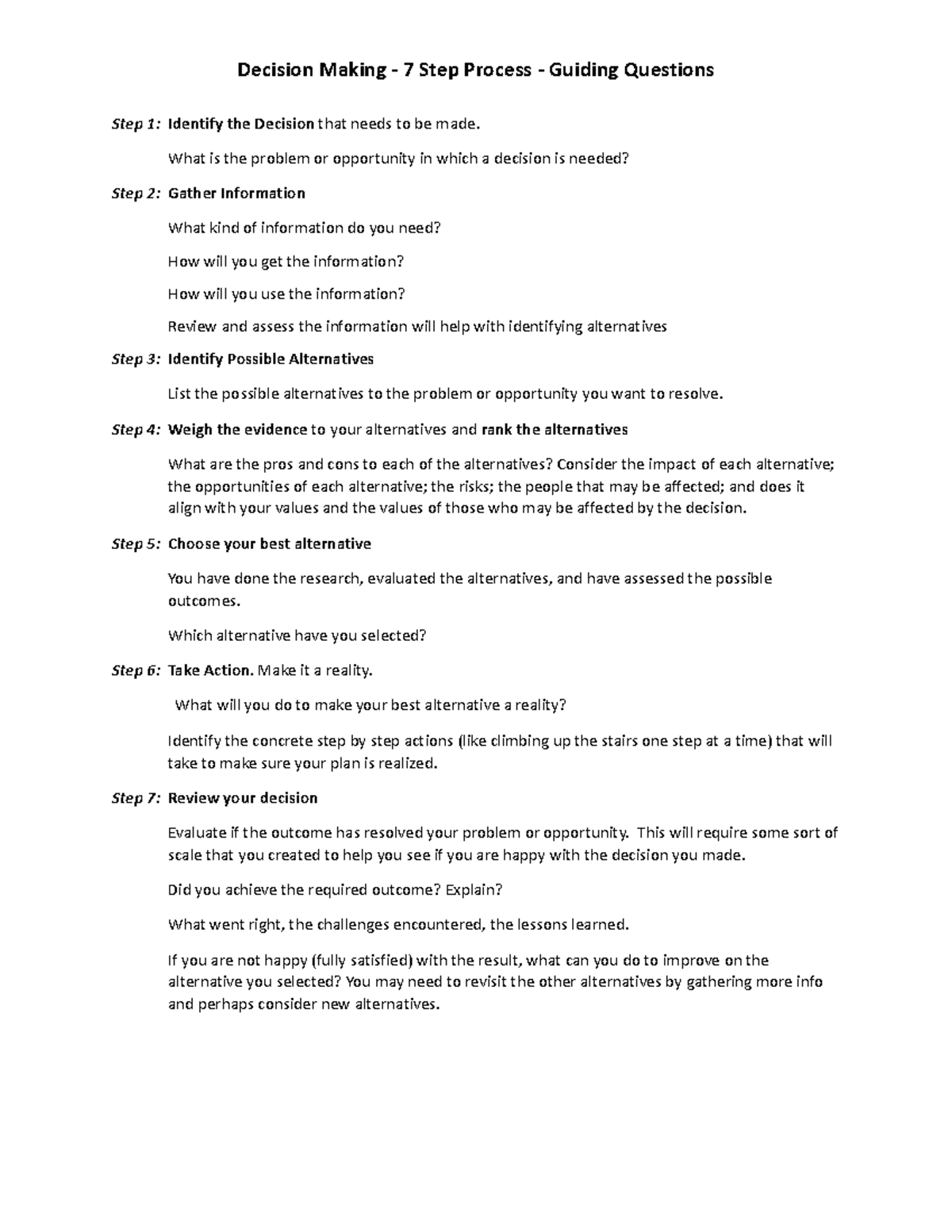 D.M 7 Step Process Guiding Questions - Decision Making - 7 Step Process ...