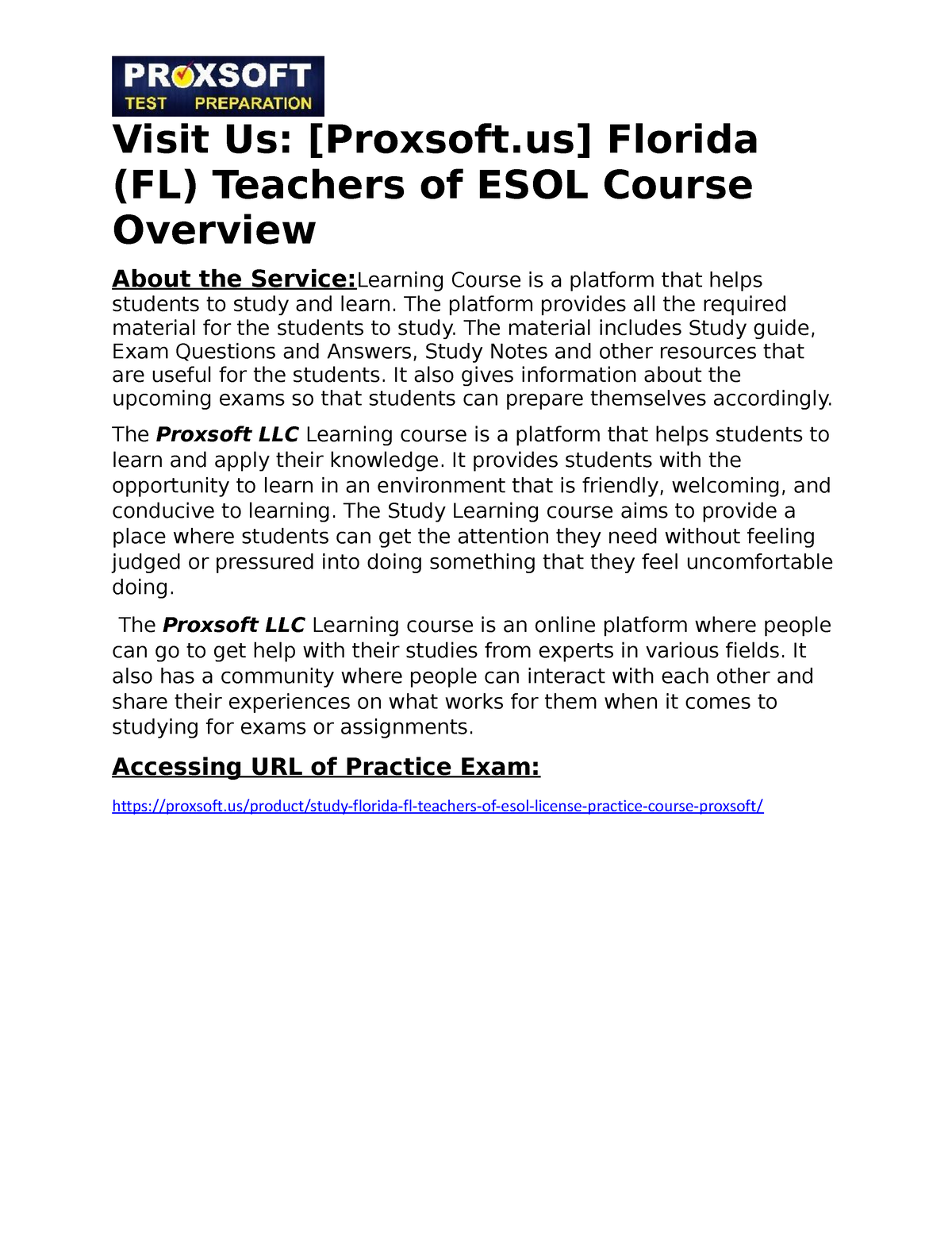 Florida (FL) Teachers of ESOL Practice Course Visit Us [Proxsoft