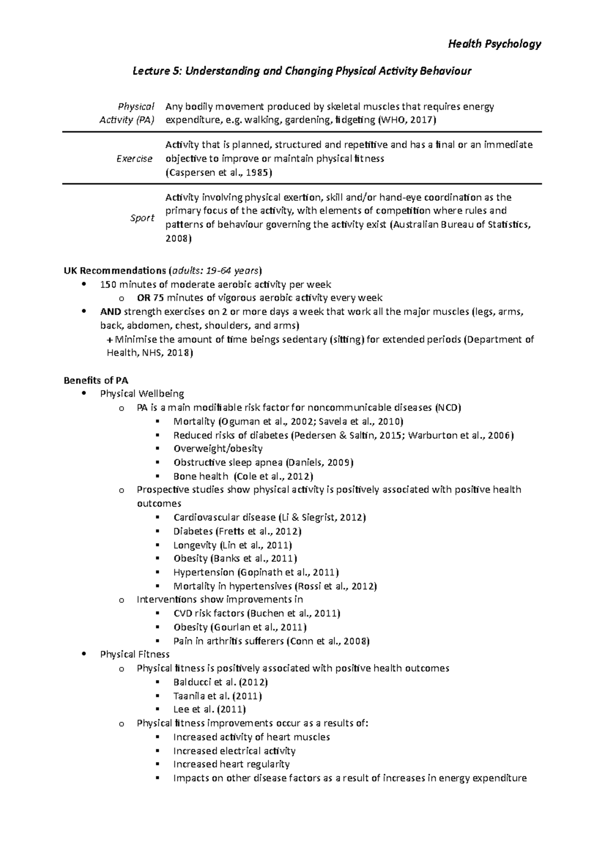 Physical Activity Behaviour - Lecture 5: Understanding and Changing ...