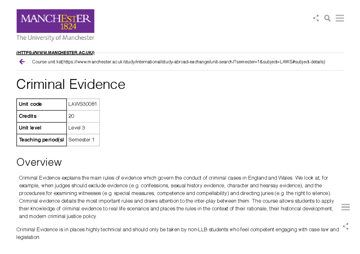 Criminal Evidence (LAWS30081) Course Unit Details The University Of ...