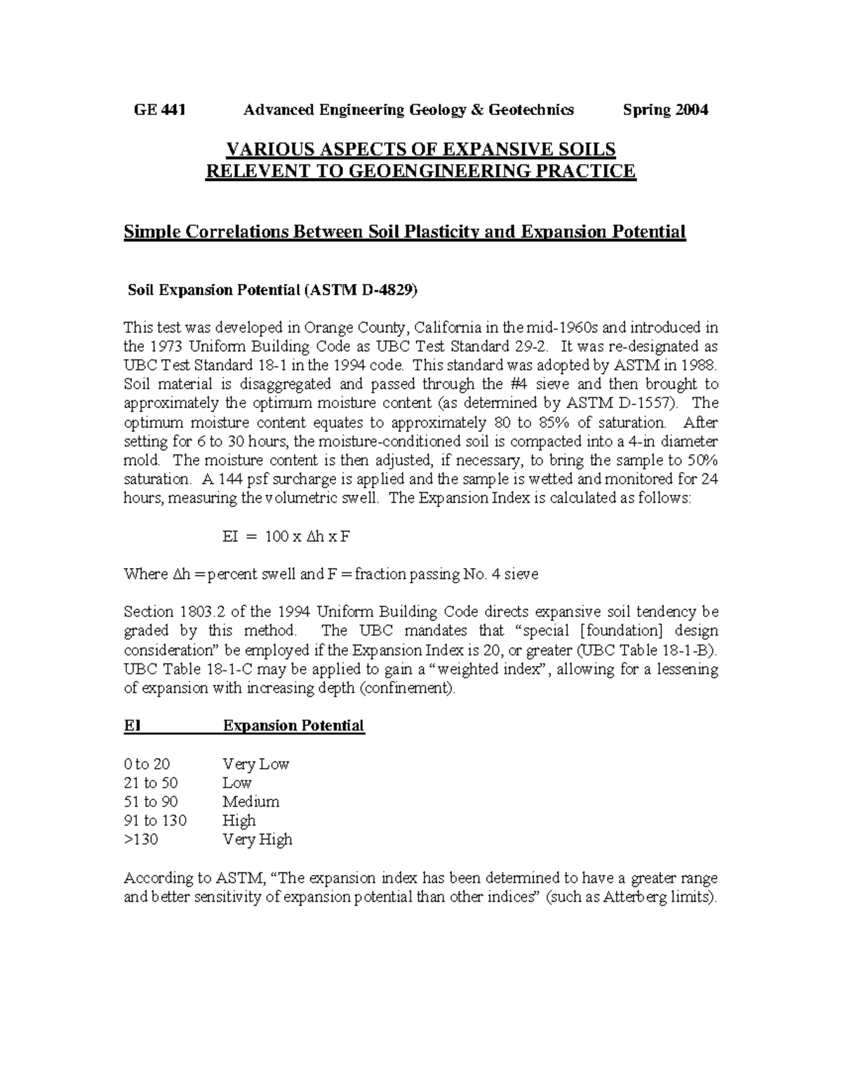 Various aspects of expansive soils - GE 441 Advanced Engineering ...