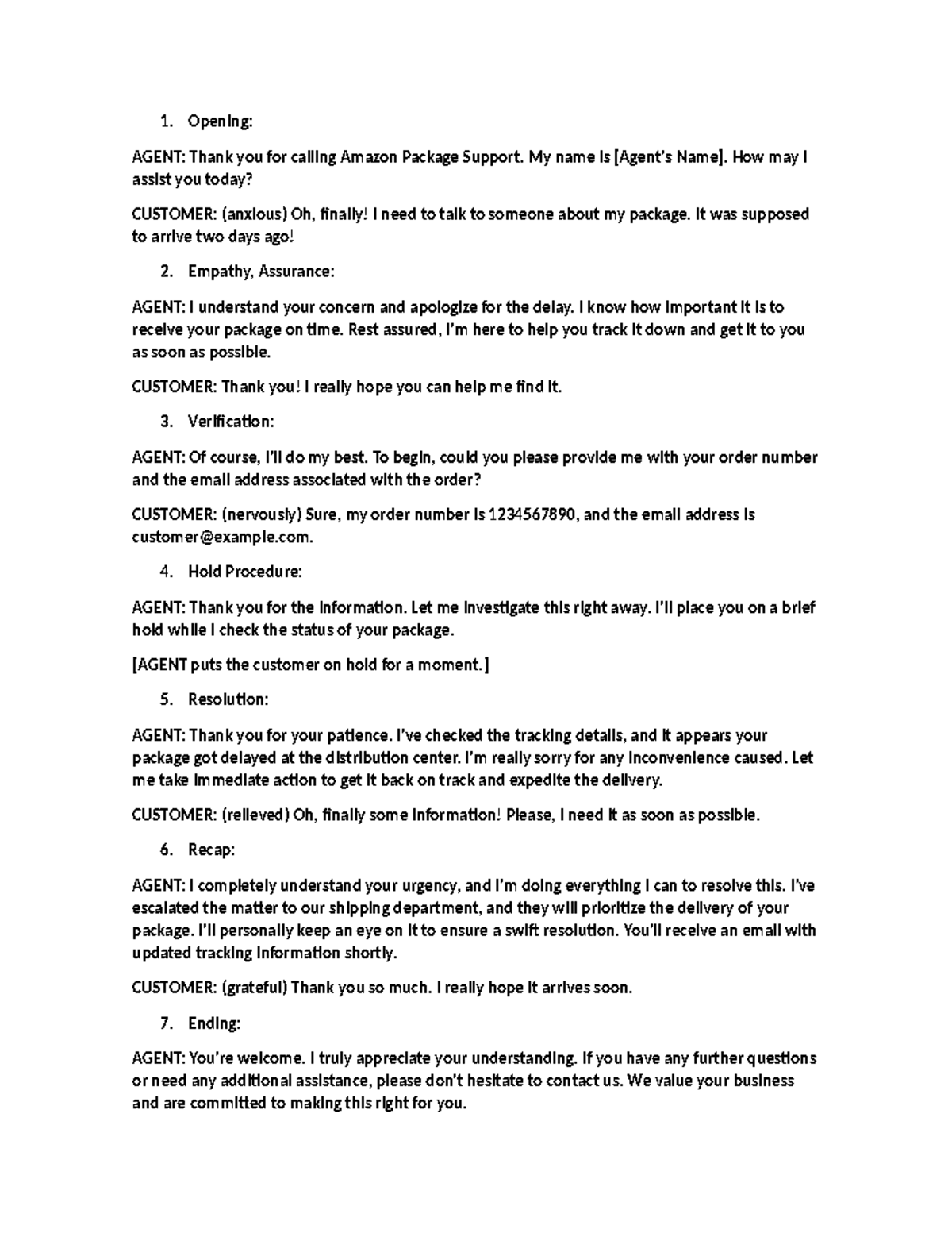 Script 4 - Opening: AGENT: Thank you for calling Amazon Package Support ...