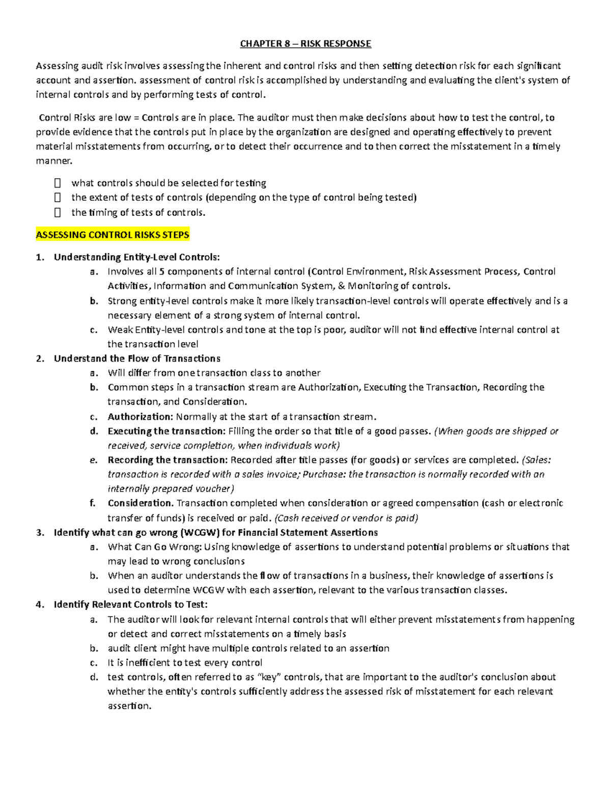 Ch 8 - Detailed - Auditing notes - CHAPTER 8 – RISK RESPONSE Assessing ...