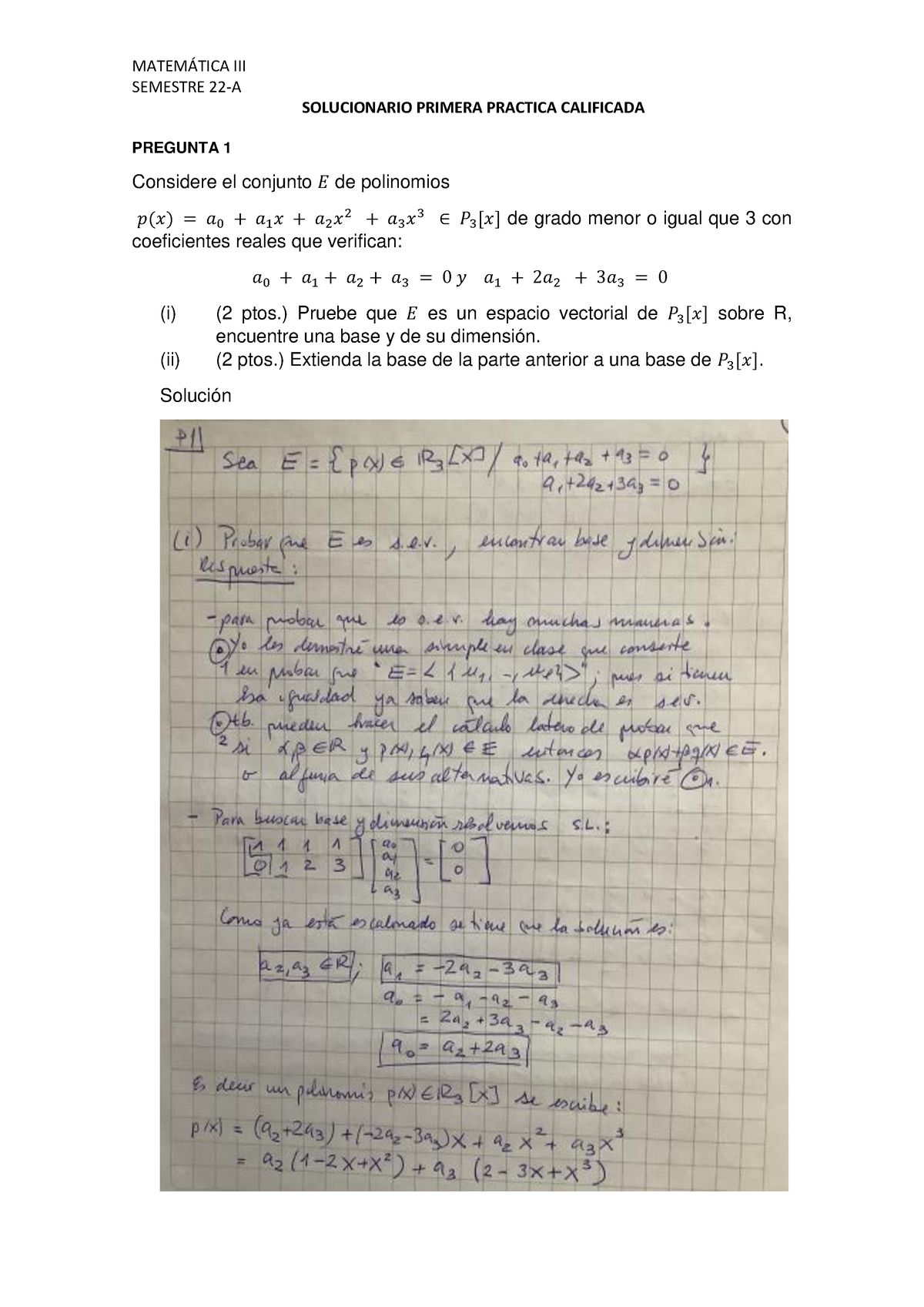 Primera Practica Calificada 22-A Mate3 - SEMESTRE 22-A SOLUCIONARIO ...