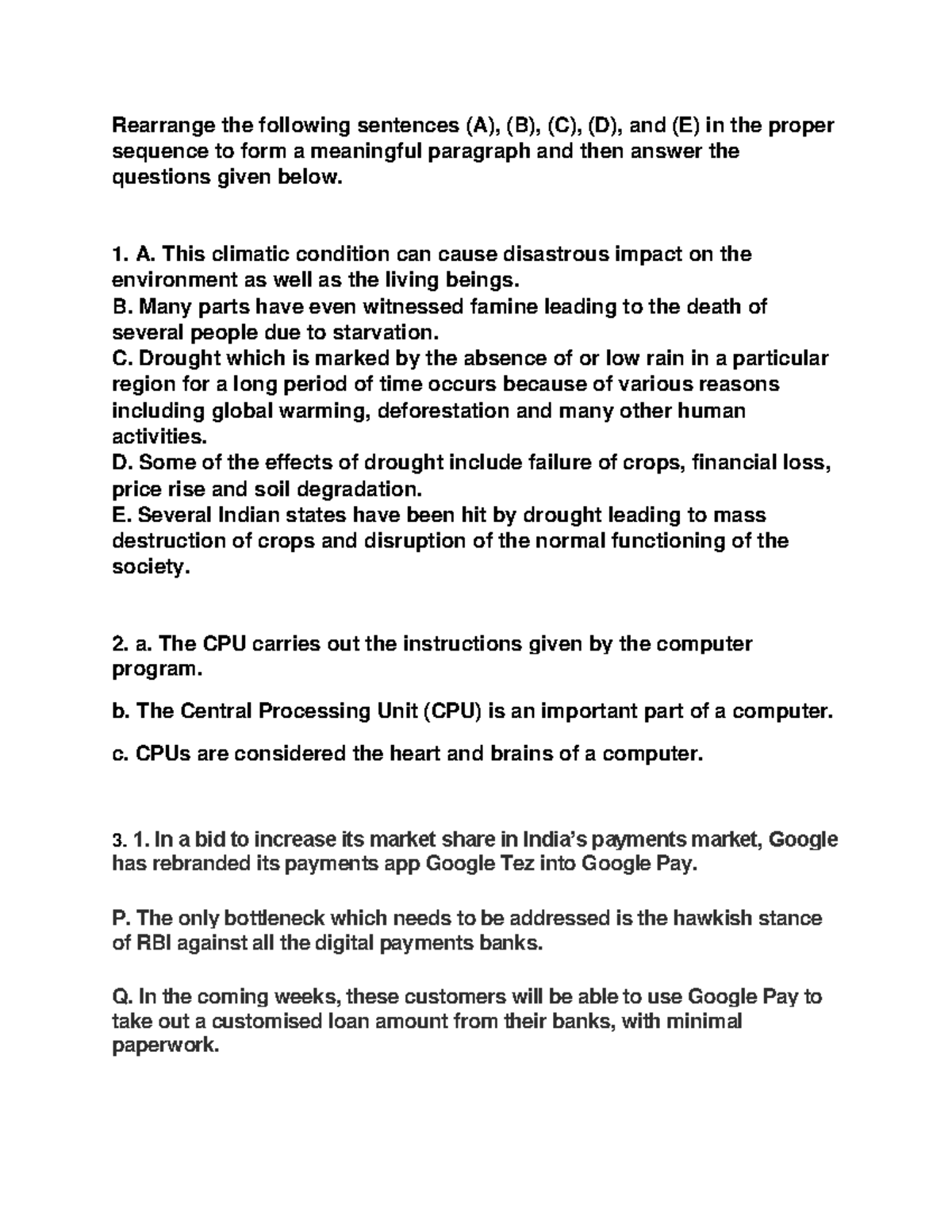 Parajumble sheet 1 - Rearrange the following sentences (A), (B), (C ...