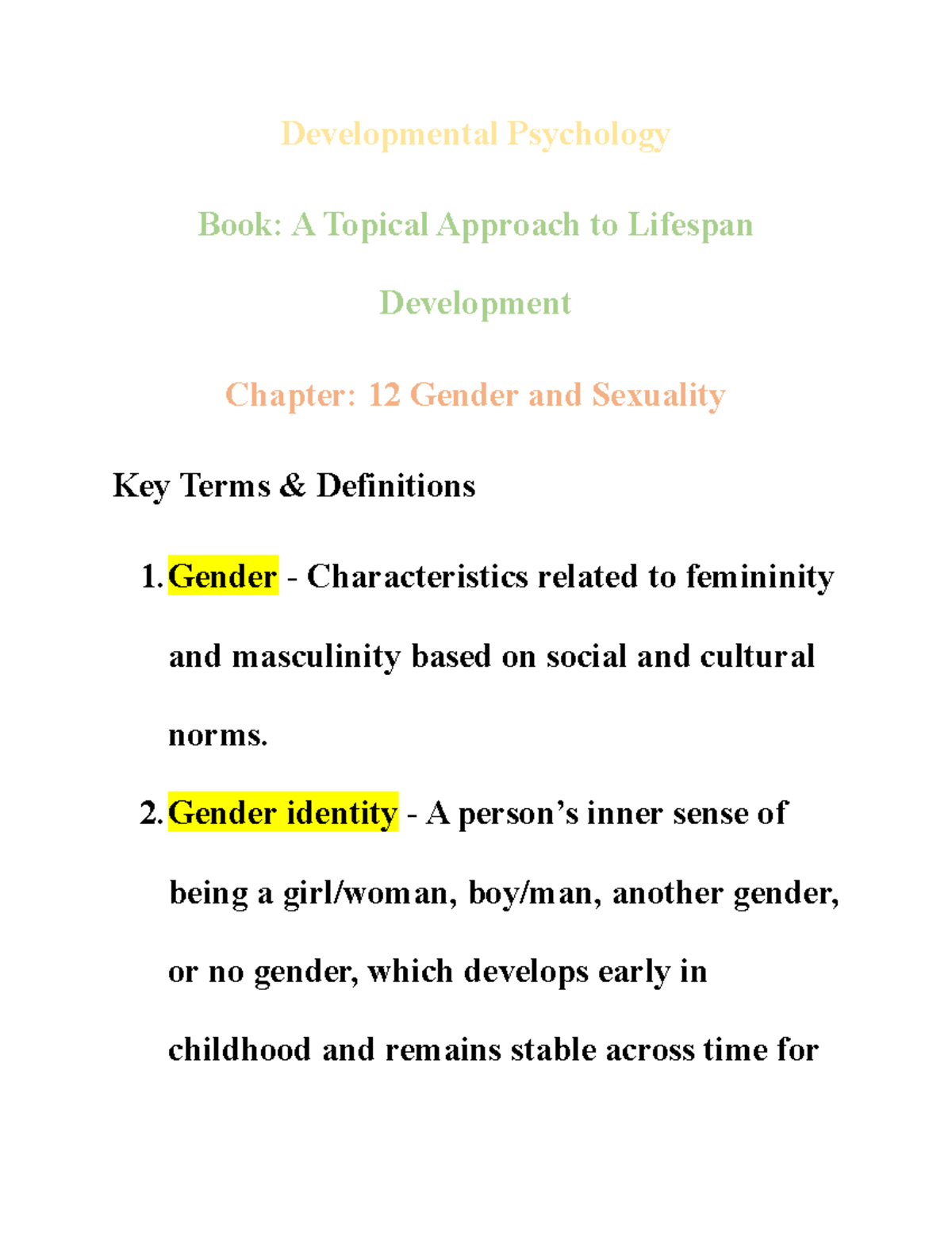 Developmental Psychology Chapter 12 Gender And Sexuality Key Terms And Definitions 6690