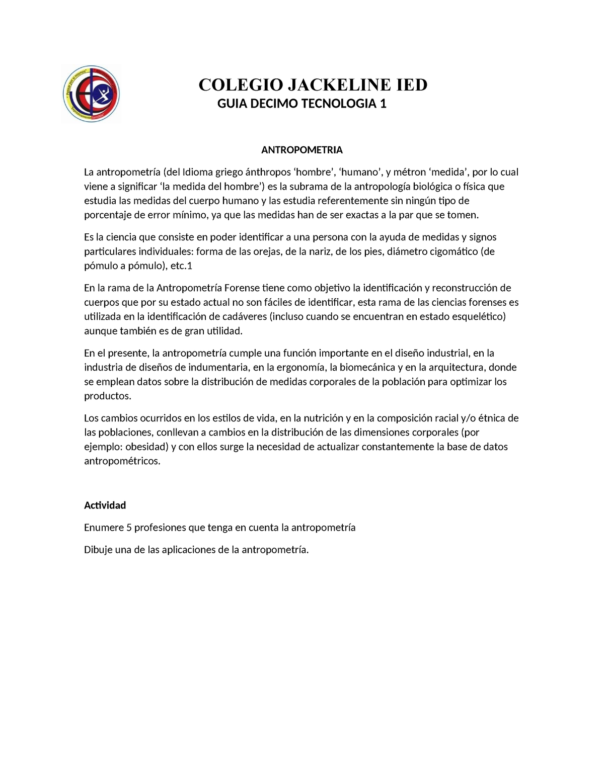 Guia Tecnologia Decimo Antropometria Ii Colegio Jackeline Ied Guia