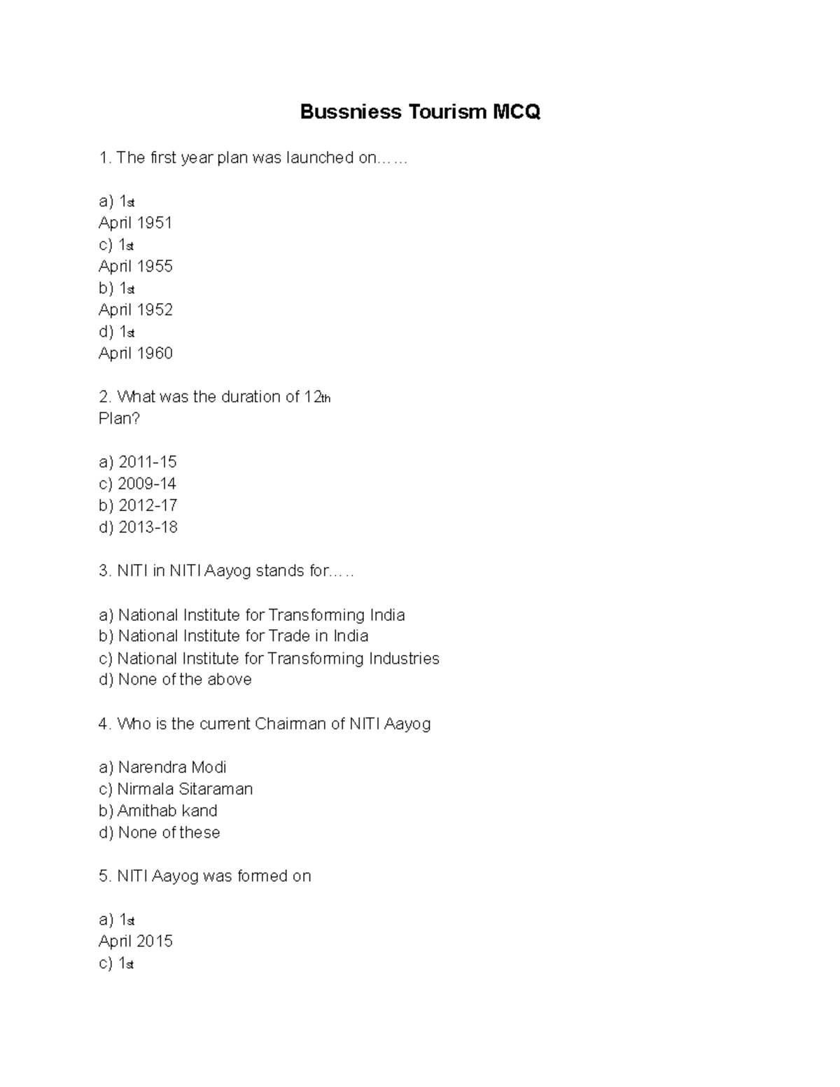 Multiple Choice Question - Bussniess Tourism MCQ The First Year Plan ...