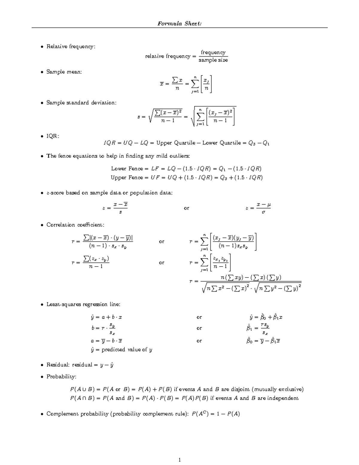 Formula Sheet - Formula Sheet: Relative frequency: relative frequency ...