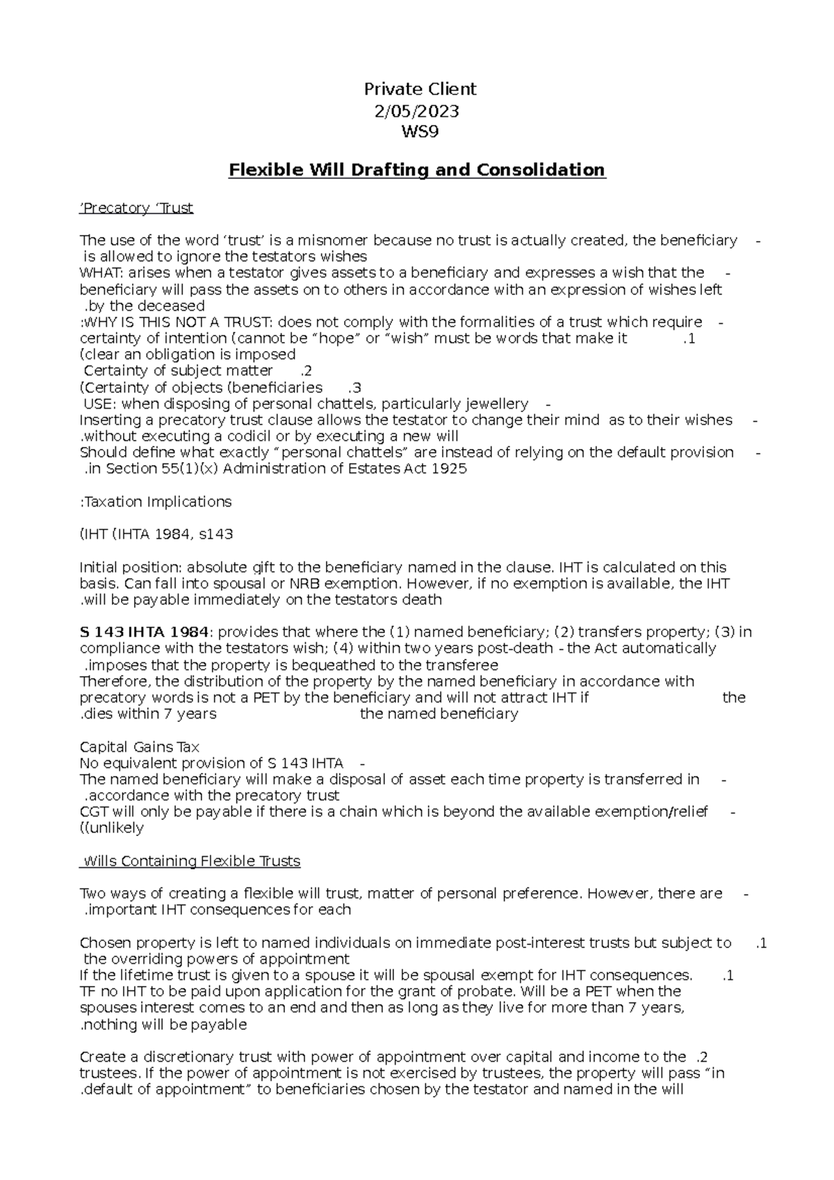 PC WS9 Lecture Notes - Private Client 2/05/ WS Flexible Will Drafting ...
