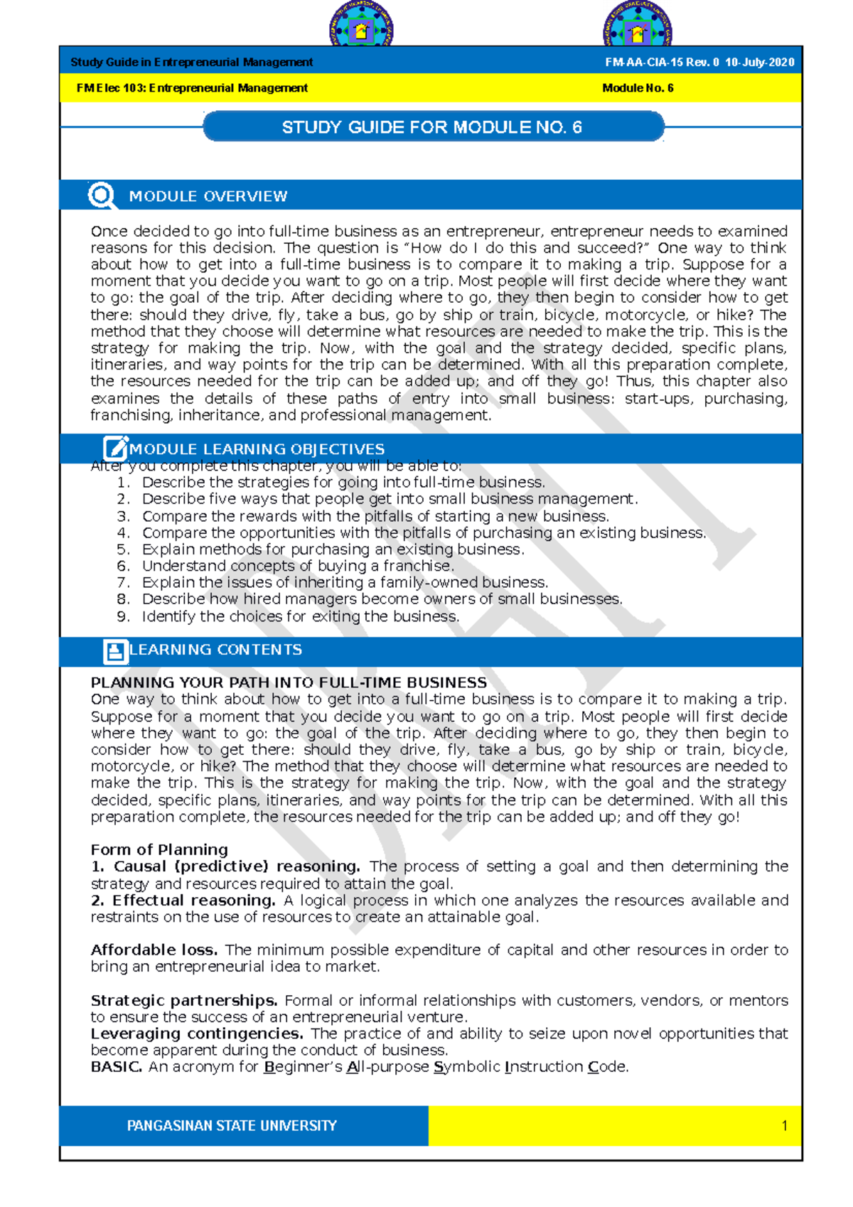 Study Guide 6 Entrep Management - MODULE OVERVIEW Once decided to go ...